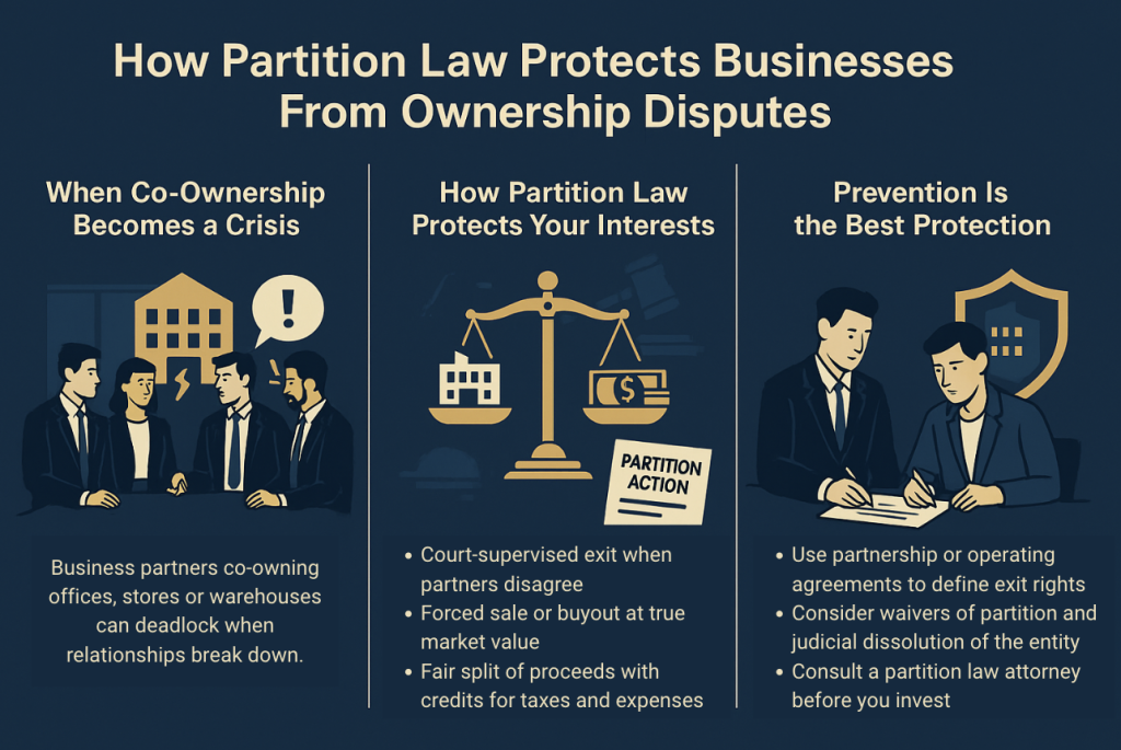 An infographic on how partition law protects businesses from ownership disputes.