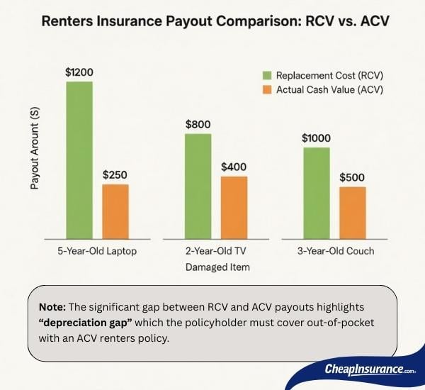 A data graph showing renters insurance payout comparison: RCV vs. ACV.