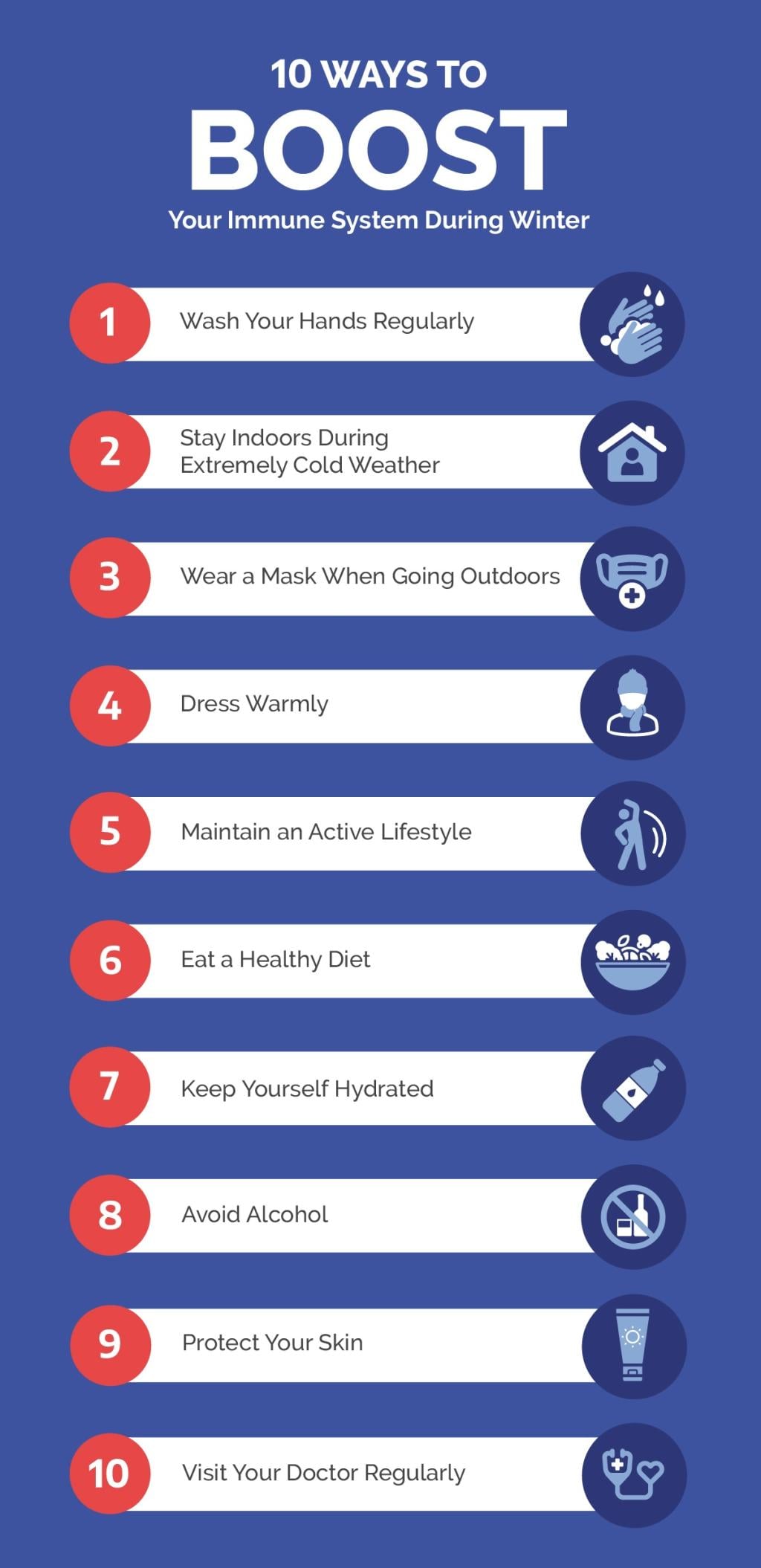 An infographic on the 10 ways to boost your immune system during winter.