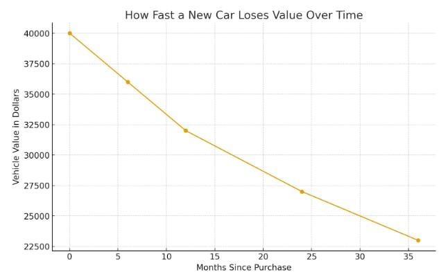 A data line graph showing how fast a new car loses value over time.