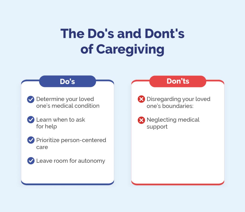 An infographic on the do's and dont's of caregiving.