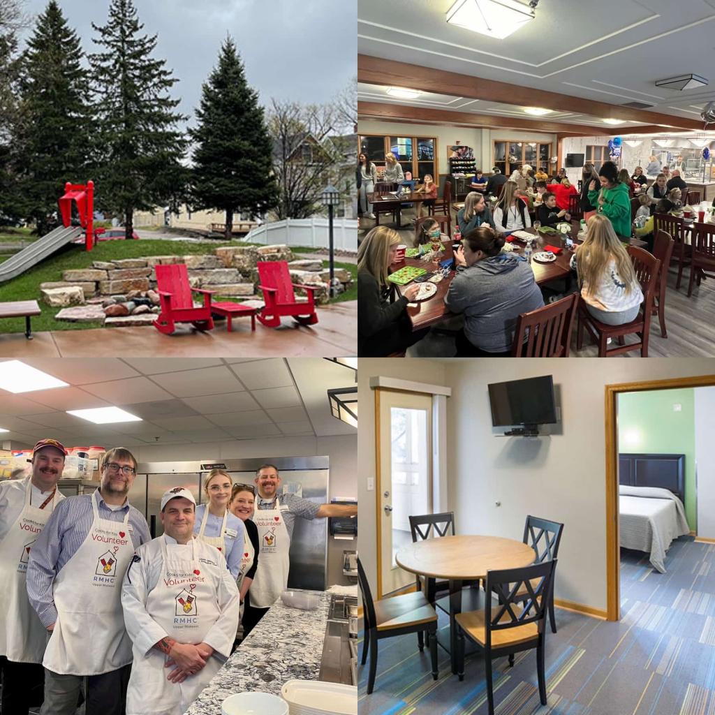 Gallery of four photos from inside the Ronald McDonald House on Oak Street in Minneapolis showing amenities, staff and residents.