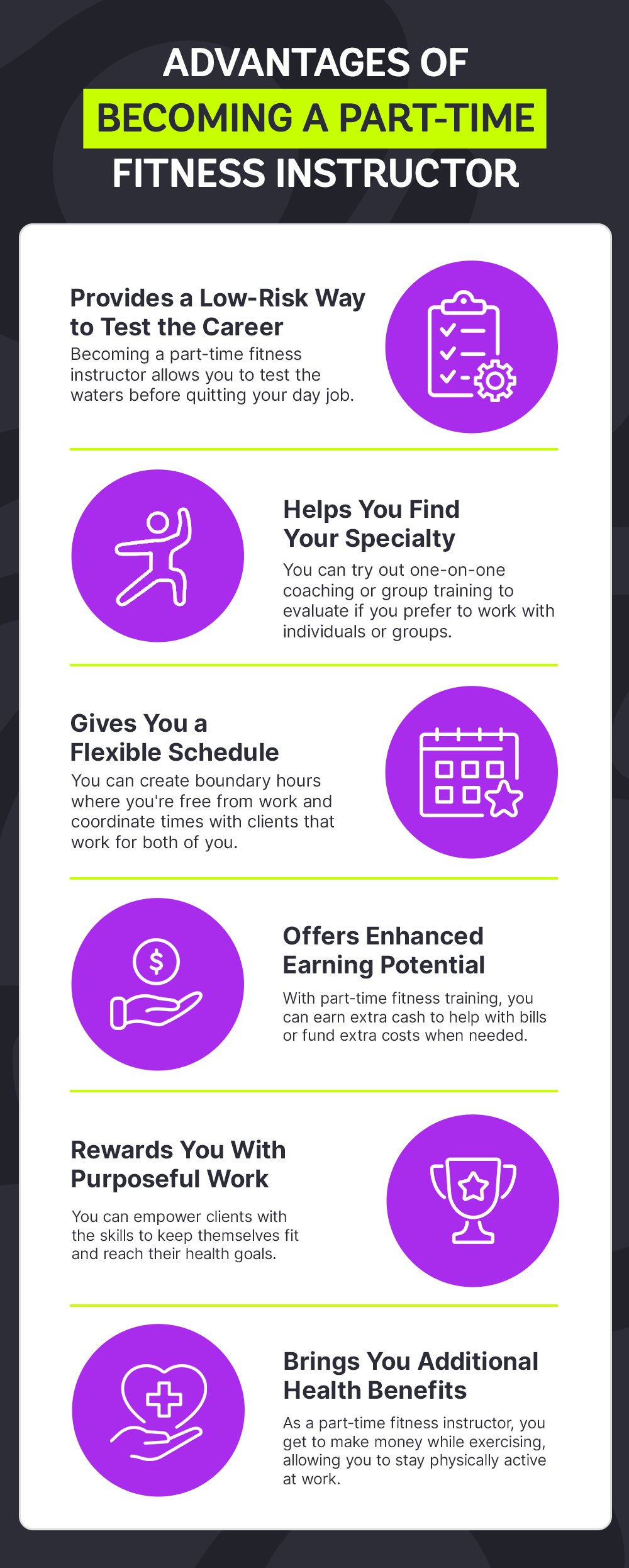 An infographic showing the advantages of becoming a part-time fitness instructor.