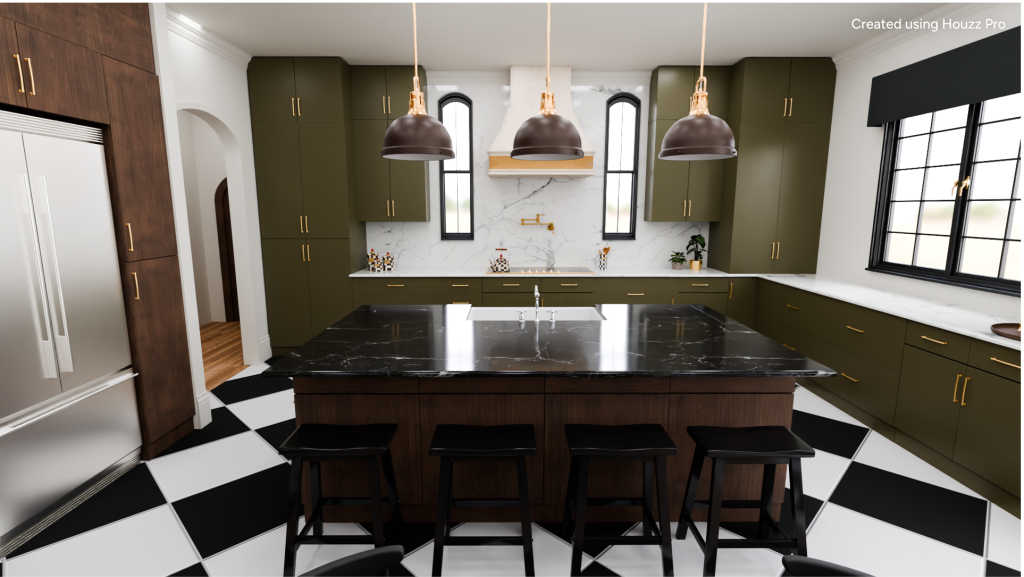 Interior of a modern kitchen with olive and wooden motifs.