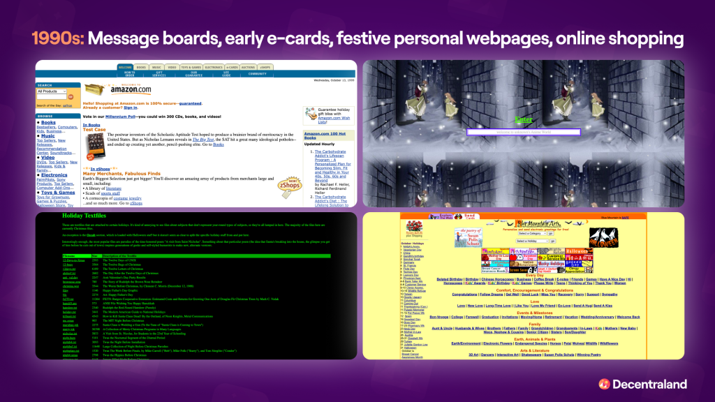Infographic on 1990s (message boards, early e-cards, festive personal webpages, online shopping).