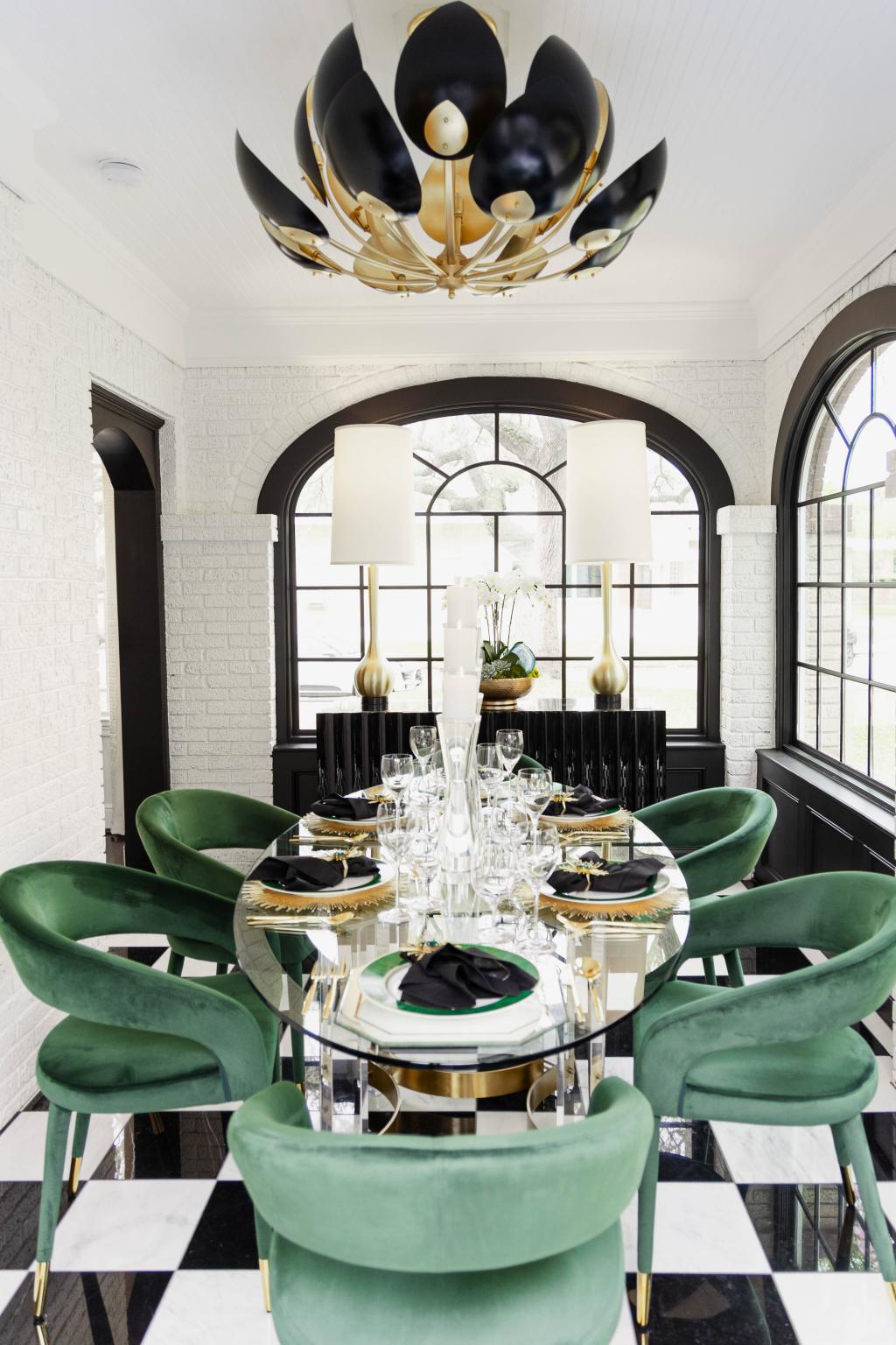 Interior of a modern dining room with art deco influences.
