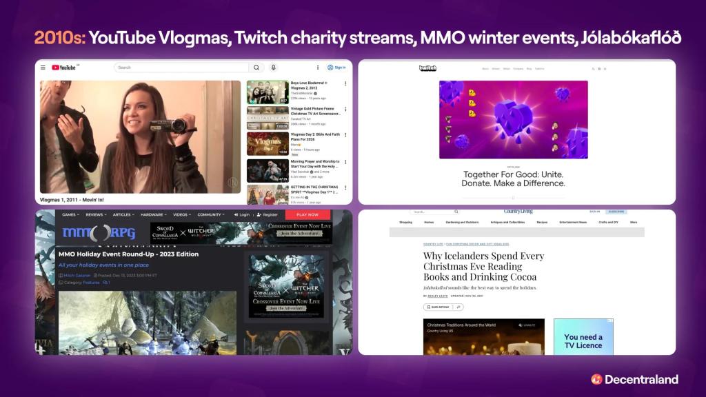 An infographic on the 2010s (YouTube vlogmas, Twitch charity streams, MMO winter events, Jólabókaflóð).