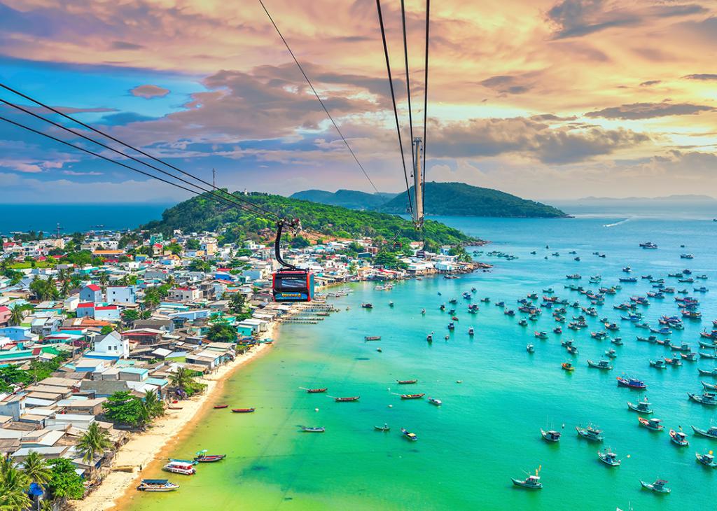 A view of the longest cable car ride in Phu Quoc island in South Vietnam during sunset.