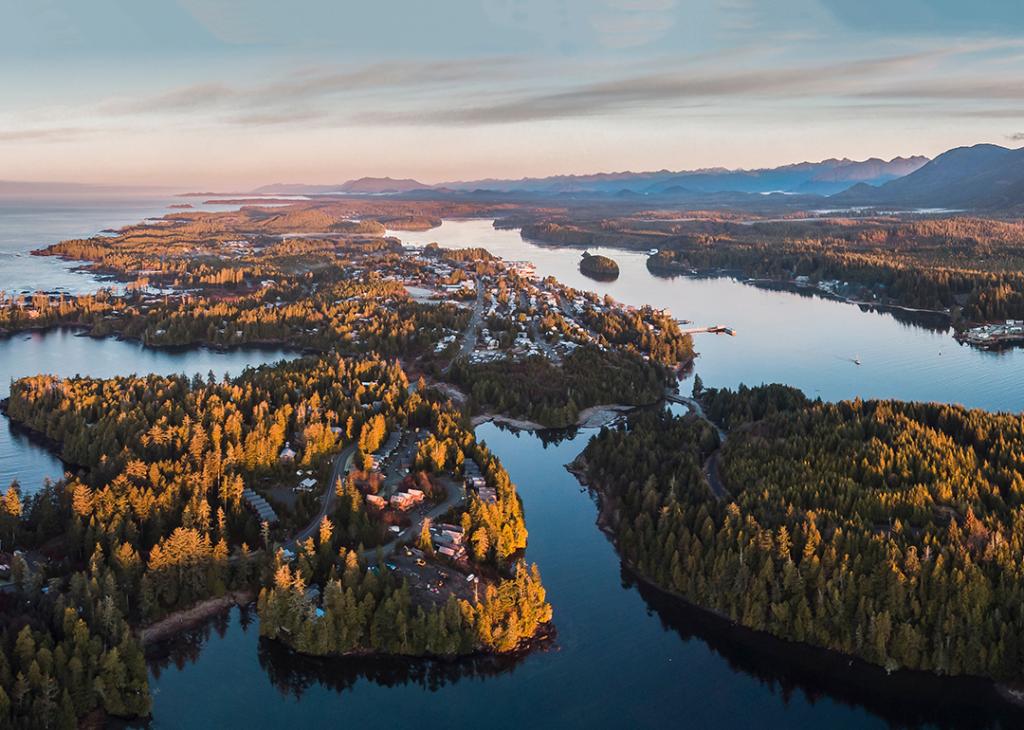An aerial view of the town of Ucluelet, Vancouver in Canada during sunrise.