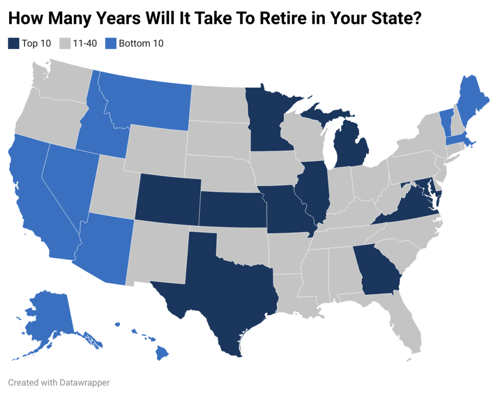 A data map of the US showing how many years will it take to retire in each state.