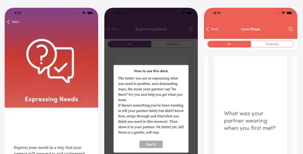 Three screenshots showing the interface of the Gottman Card Deck app.