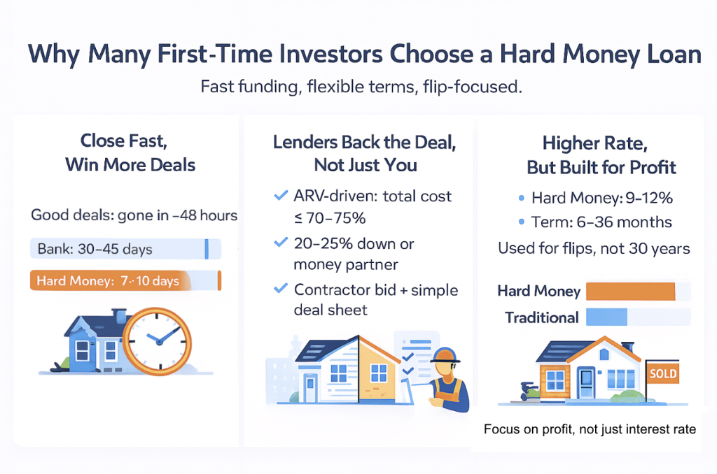 An infographic on why many first-time investors choose a hard money loan.