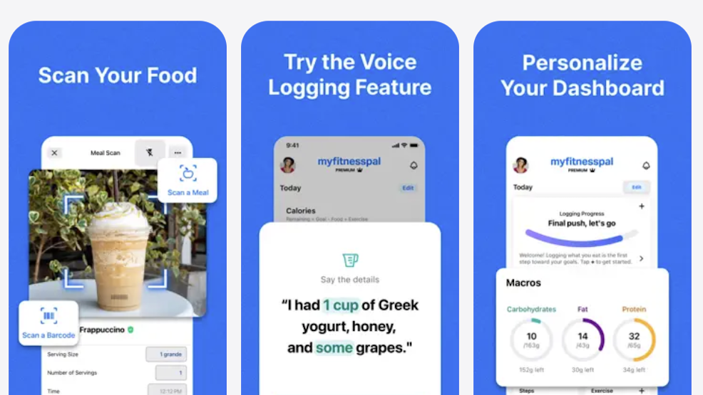 Three screenshots showing the interface of the MyFitnessPal app.