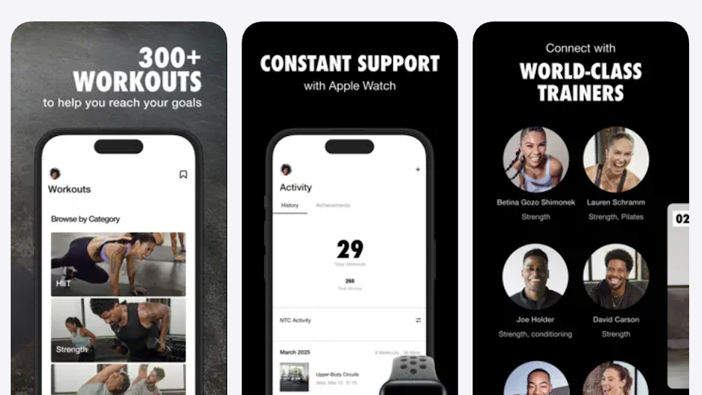 Three screenshots showing the interface of the NTC or Nike Training Club app.