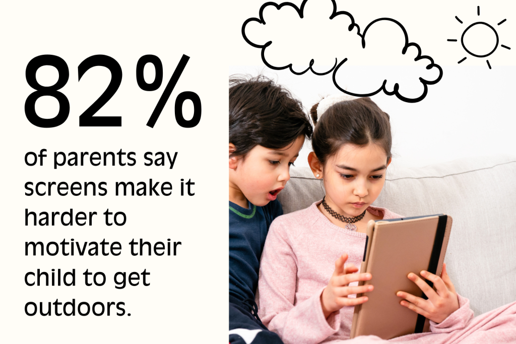 Two young children looking at a tablet together with a text overlay reading "82% of parents say screens make it harder to motivate their child to get outdoors."