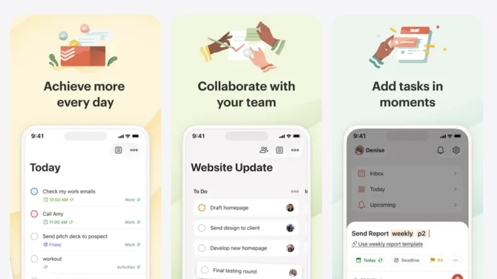 Three screenshots showing the interface of the Todoist app.