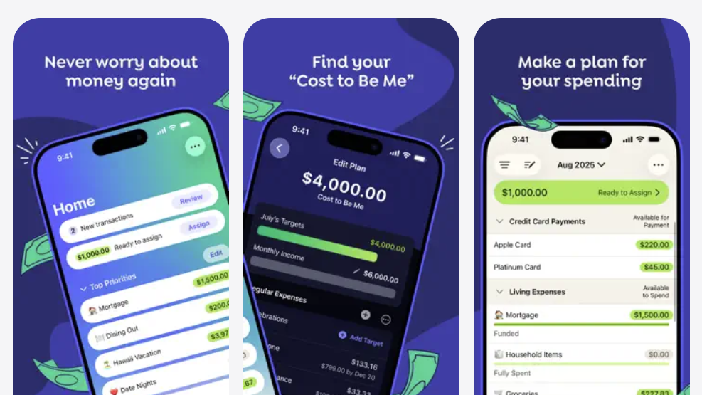 Three screenshots showing the interface of the You Need a Budget or YNAB app.