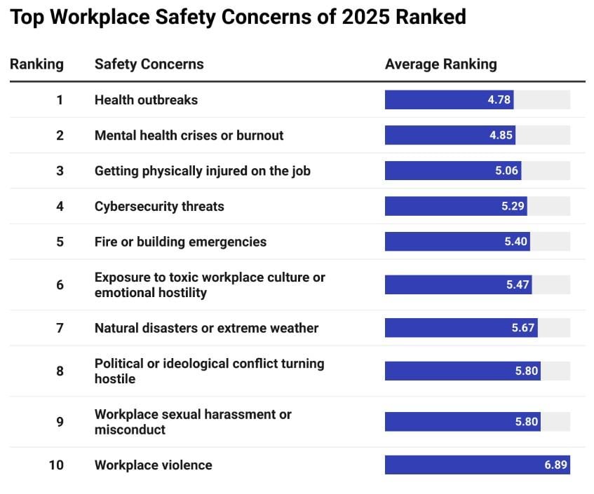 A data bar chart showing the ranking of the top 10 workplace safety concerns of 2025.
