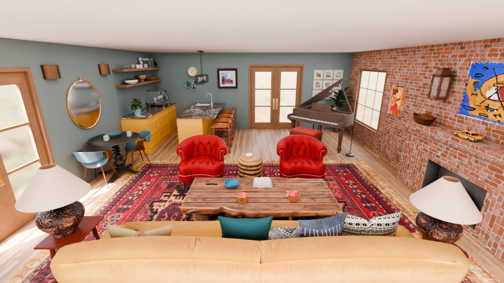 Interior of a modern living room inspired by the TV show, Friends, as designed by Allito Spaces.