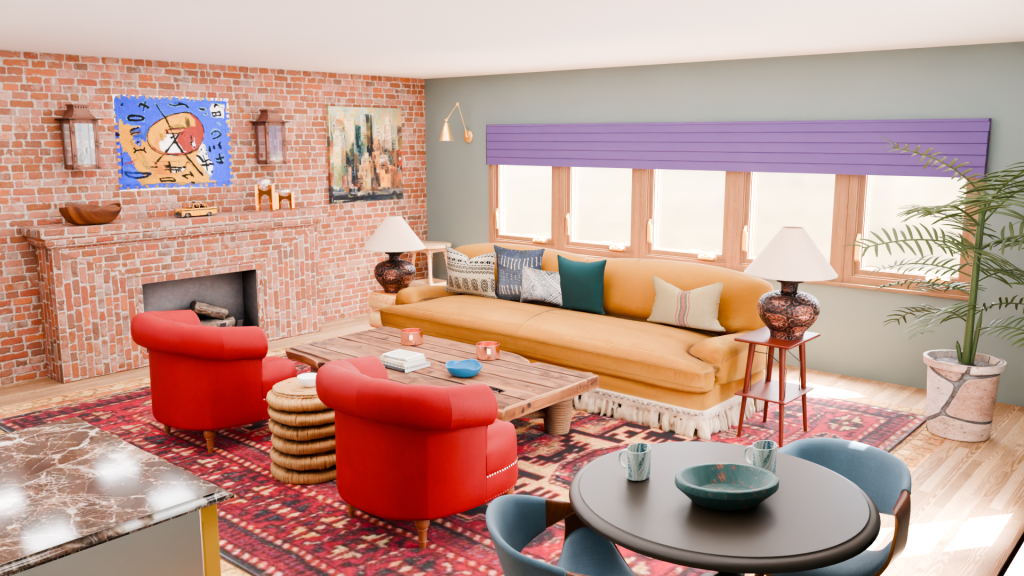 Interior of a modern living room inspired by the TV show, Friends, as designed by Allito Spaces.