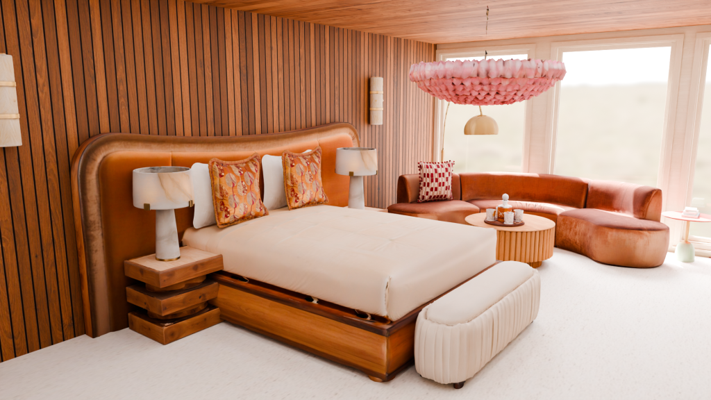Interior of a bedroom inspired by the TV show, Mad Men, as designed by Honeybee Interiors.