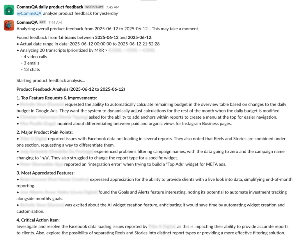 A sample conversation with CommsQA in Slack asking for product feedback analysis.