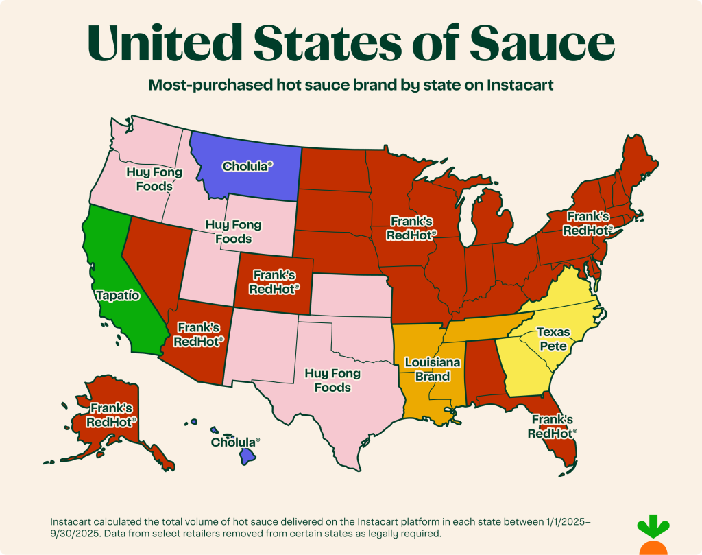 A data map graphic of the US showing the most-purchased hot sauce brand by state on Instacart.