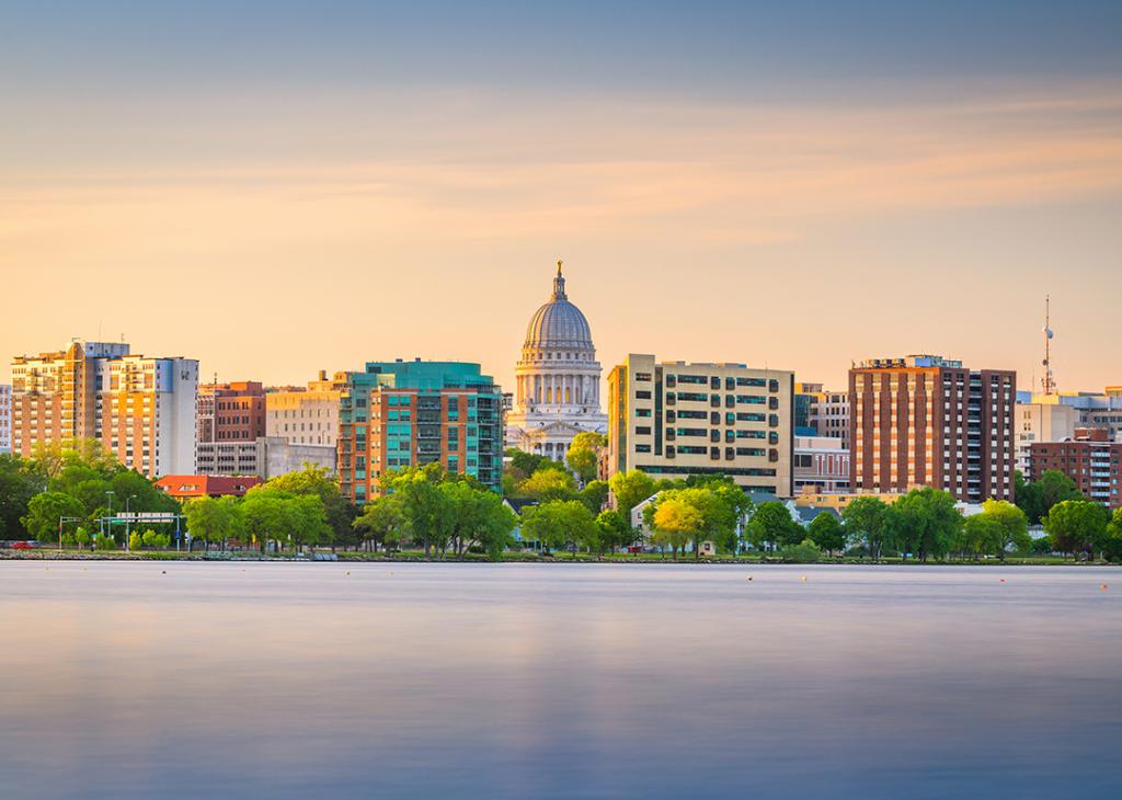 A view of Lake Monona and Madison's skyline in Wisconsin.