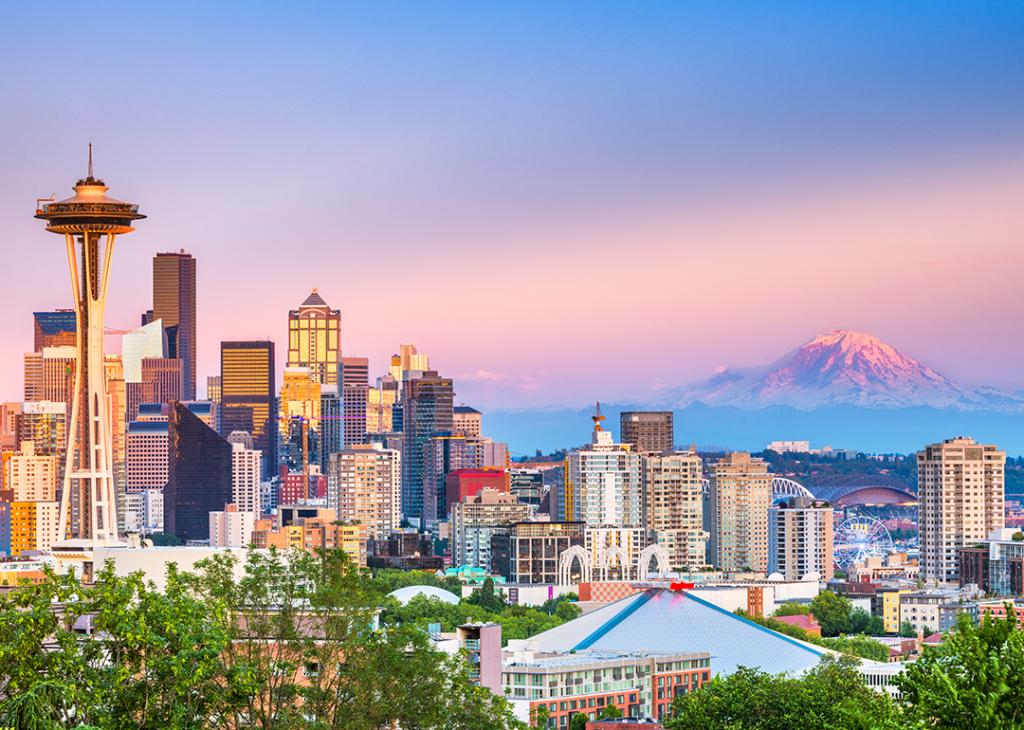 A view of Seattle's downtown city skyline at dusk.