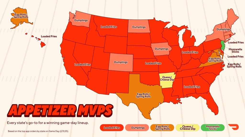 A data map graphic showing the go-to appetizer across the US on game day.