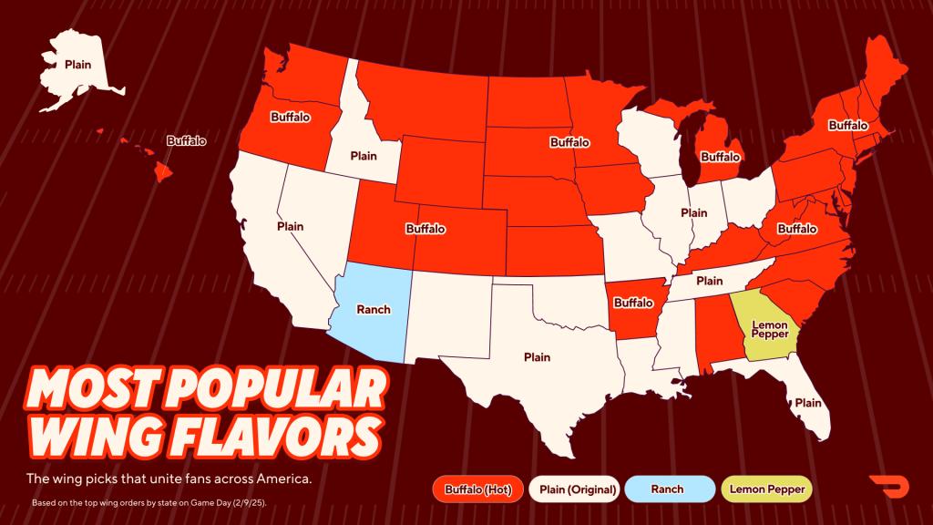 A data map graphic showing the most popular wing flavors across the US.