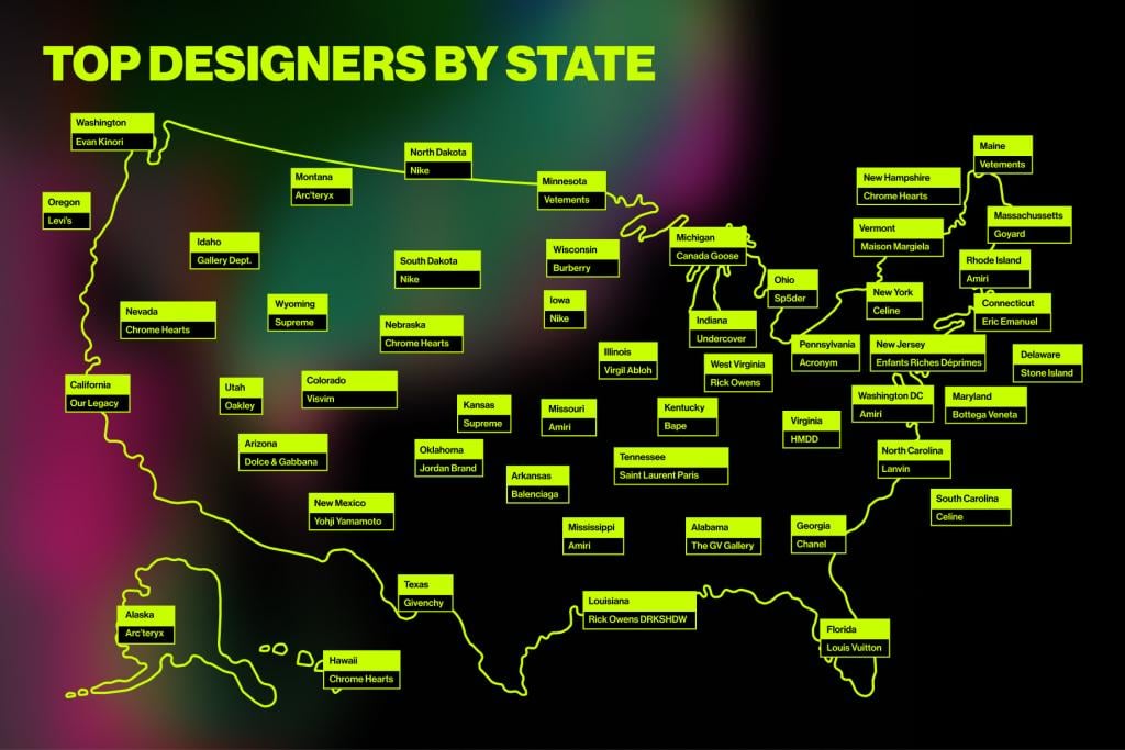 A graphic of the US map showing the top designers by state.