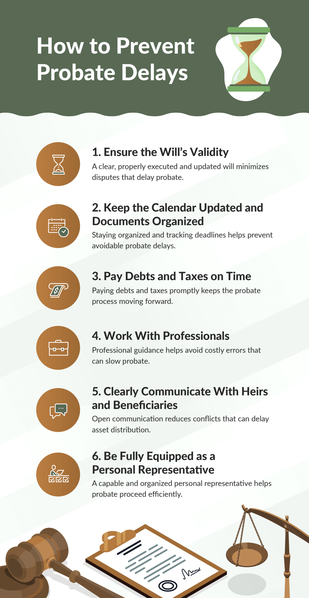 An infographic listing six ways on how to prevent probate delays.