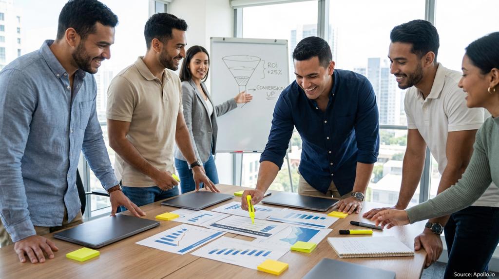 Sales professionals discussing strategy around a conference table in a sales team meeting.