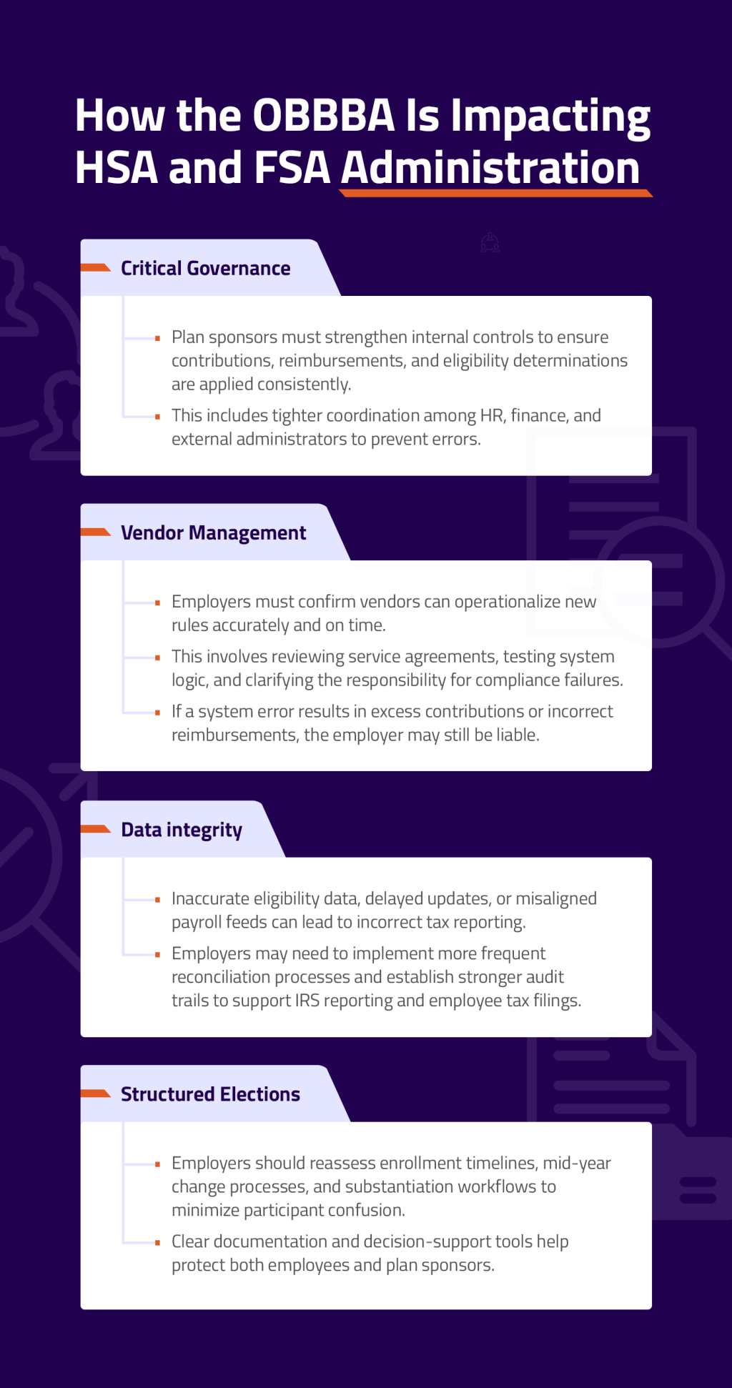 An infographic listing top effects on how the OBBBA is impacting HSA and FSA administration.