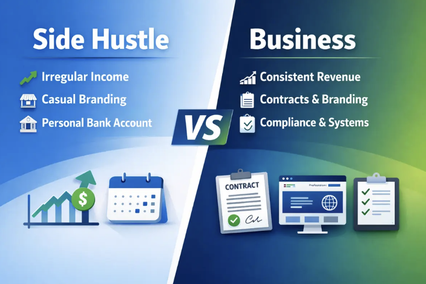 An infographic comparing a side hustle and a business: Side hustle has irregular income, casual branding, personal bank account, while a business has consistent revenue, contracts and branding, and compliance and systems.