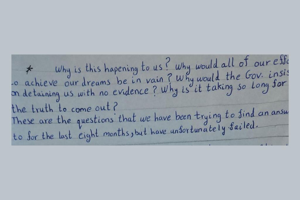 Excerpts from a handwritten statement by Habiba Soliman, the eldest of Hayam El-Gamal's five children. El-Gamal and her children, ages 5 to 18, have been locked inside Dilley for eight months.