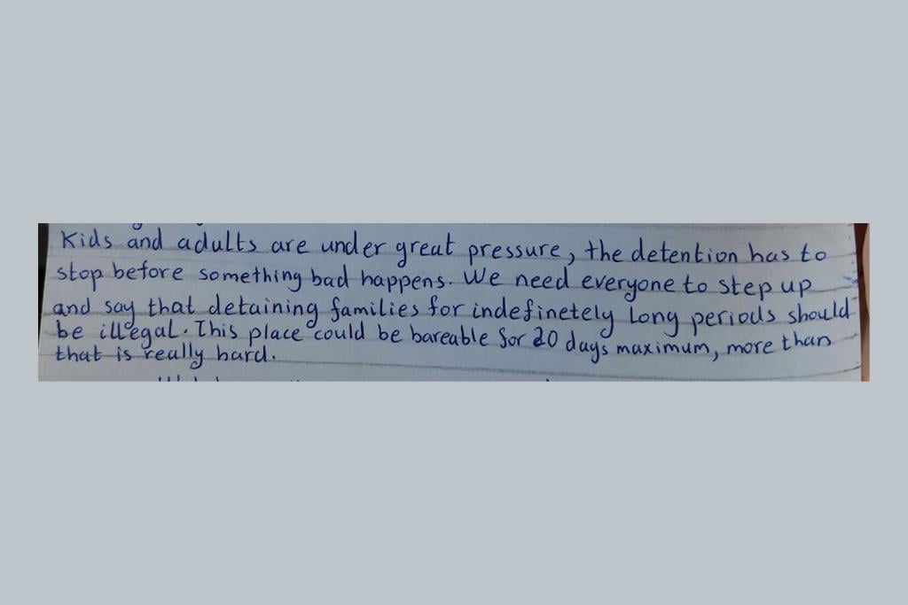 Excerpts from a handwritten statement by Habiba Soliman, the eldest of Hayam El-Gamal's five children. El-Gamal and her children, ages 5 to 18, have been locked inside Dilley for eight months.