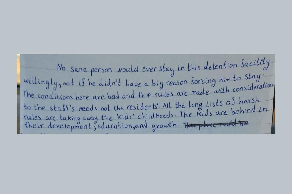 Excerpts from a handwritten statement by Habiba Soliman, the eldest of Hayam El-Gamal's five children. El-Gamal and her children, ages 5 to 18, have been locked inside Dilley for eight months.