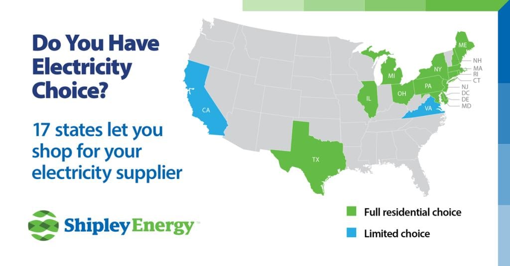 An infographic showing a data map of the US highlighting the 17 states that let you shop for your electricity supplier.