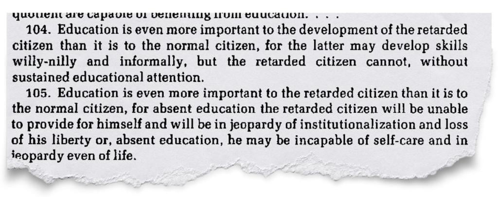 Graphic showing text from PARC v. Commonwealth of Pennsylvania arguing for the education of all children including those with disabilities. 