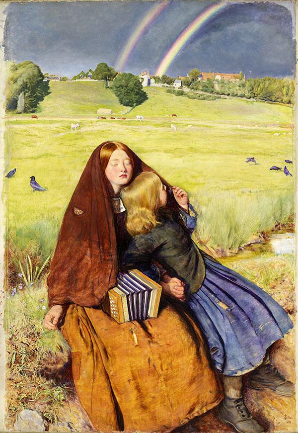 Painting of a blind girl sitting in a meadow beneath a double rainbow, with a child on her lap.