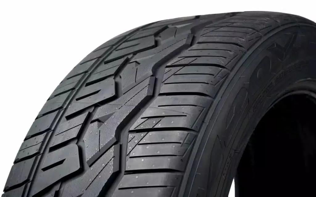Close up on the texture of an all-season tire.