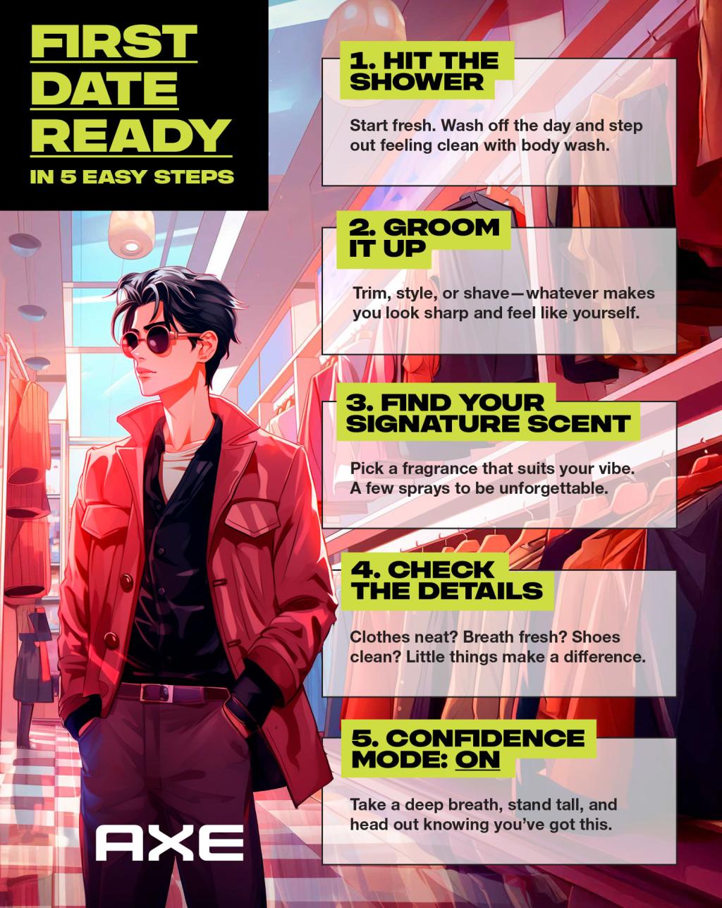 An infographic showing a young, stylish man and listing five steps in getting ready for a first date.