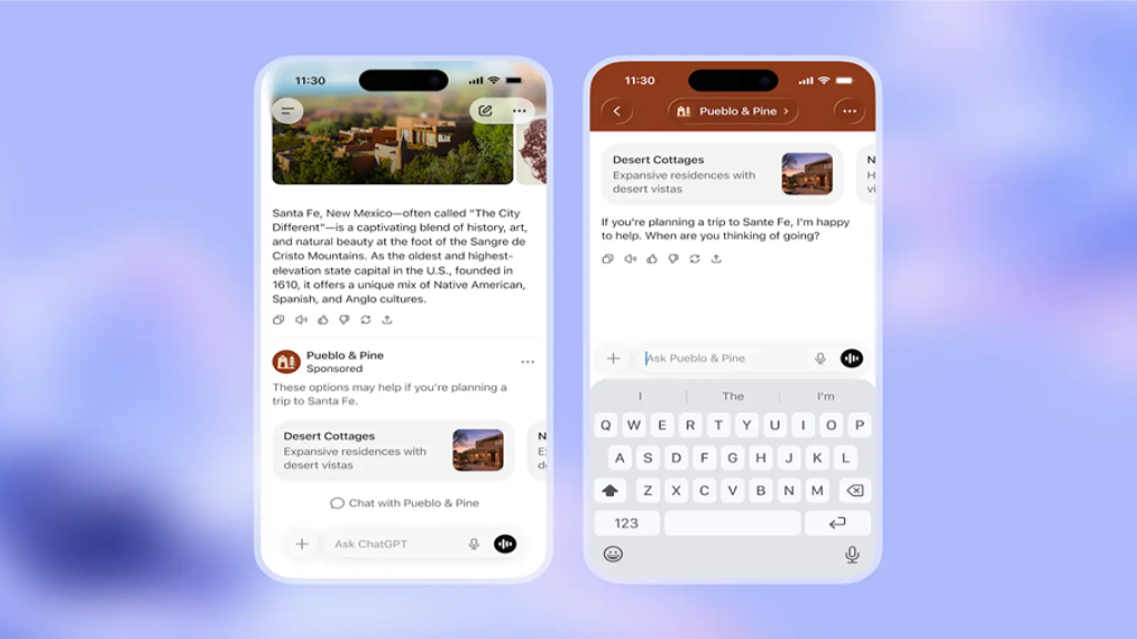 An illustration showing examples of where and how ChatGPT ads appear.