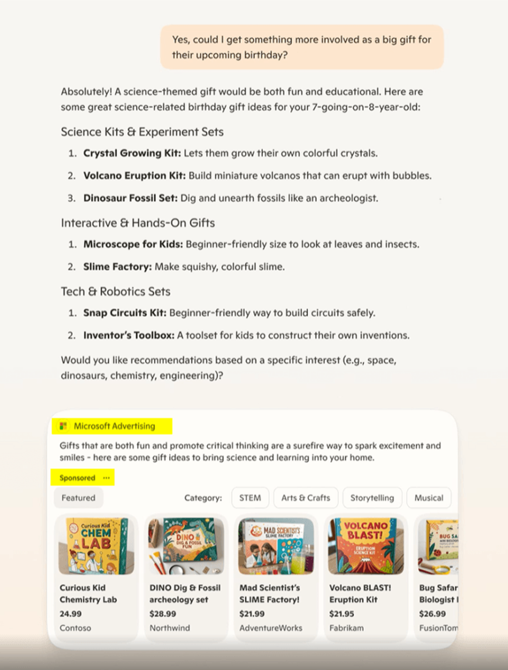 Screenshot of an example of Copilot search ad showing different ideas for a birthday gift for a child.