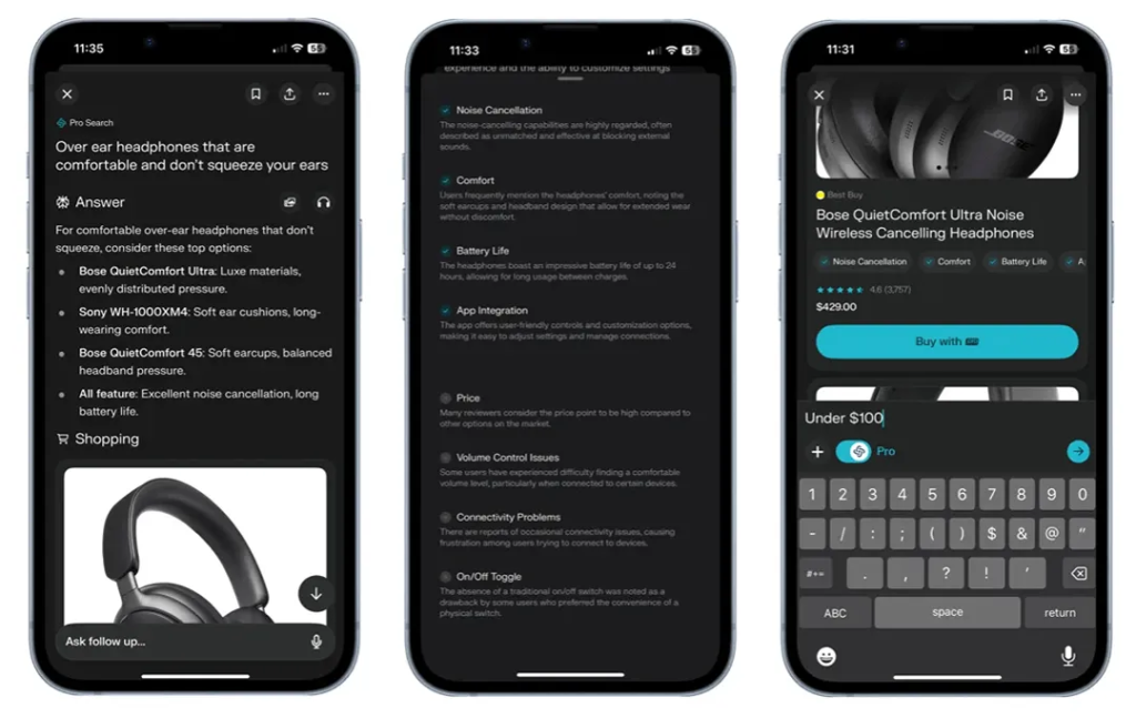 Perplexity's app interface showing its in-chat shopping feature.