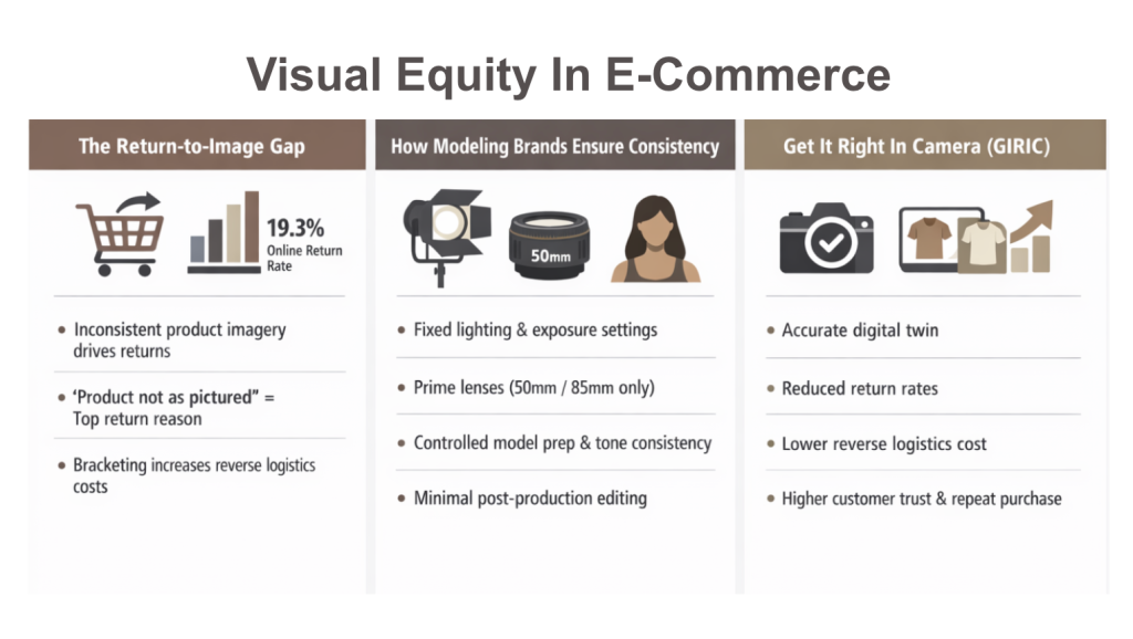 A data graphic summarizing how visual consistency in product imagery can help reduce return rates.