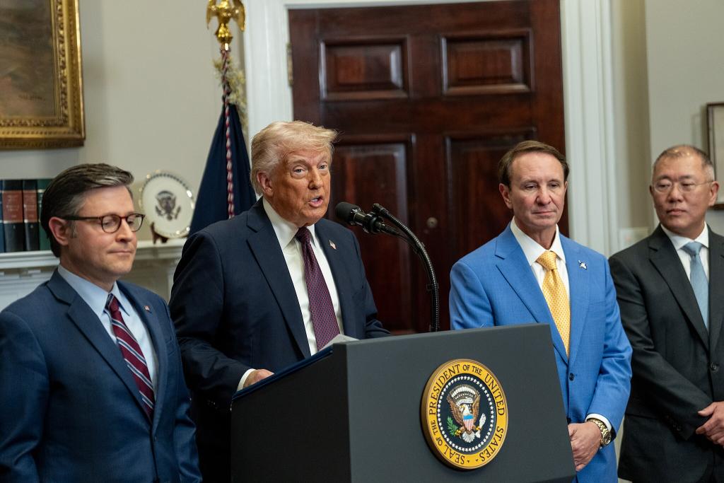 President Donald Trump and Louisiana Governor Jeff Landry, to Trump’s right, speak at the White House in March 2025, alongside Hyundai executive chairman Eui Sun Chung. Landry and Louisiana’s economic development department have supported controversial blue ammonia plants proposed for the state.