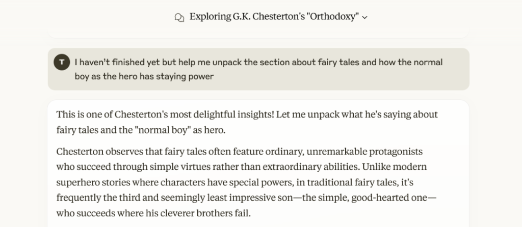 A screenshot example of an AI prompt and result displaying a conversational exchange.